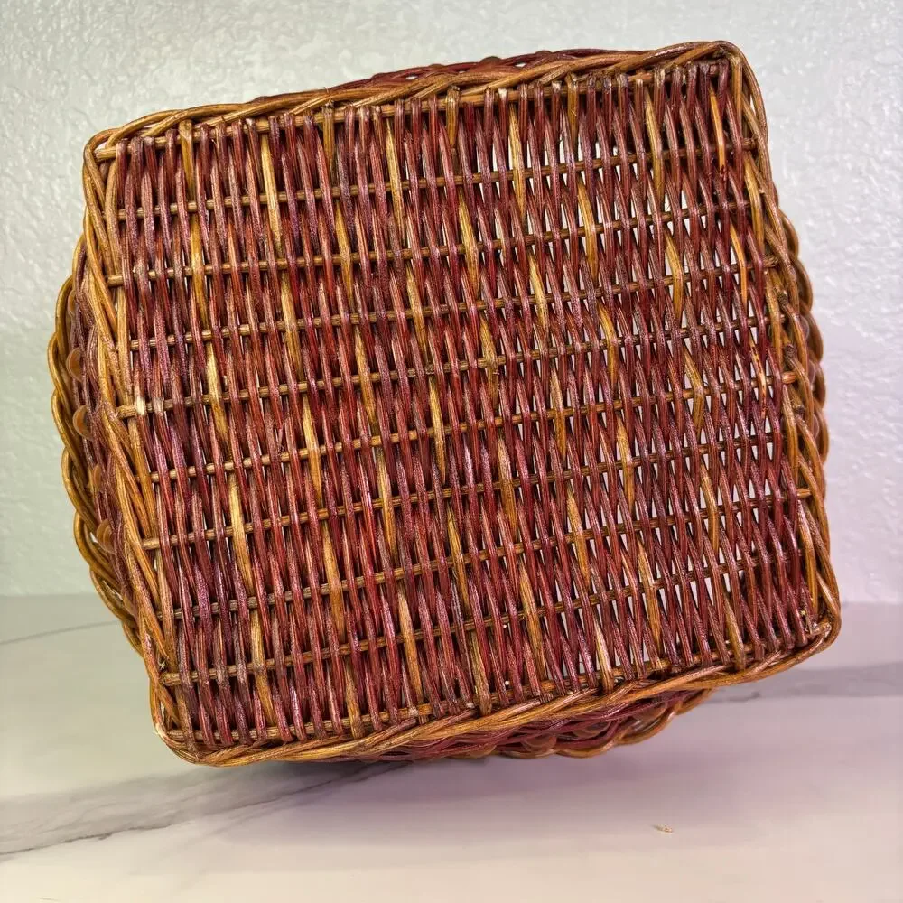 VTG Woven Wicker Gathering Basket Wood Bead Accent Braided Trim Boho Farmhouse